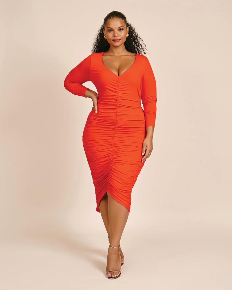 Plus size model wearing Flora Ruched Bodycon Dress by 11 Honoré Collection | Dia&Co | dia_product_style_image_id:199729